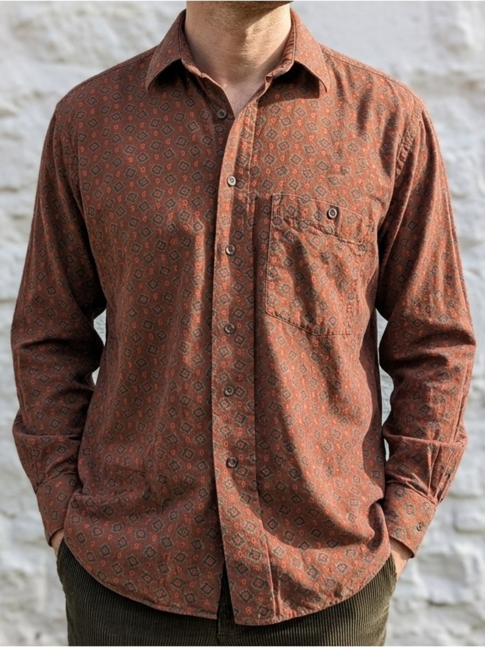 Vintage Cacharel Button Up Shirt Medium Brown Geometric Print 80s 90s Designer
